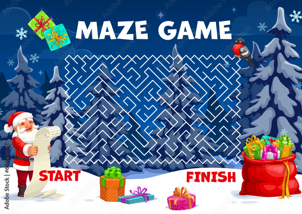 Poster christmas labyrinth maze. find way child quiz, search path from labyrinth quiz vector worksheet or c
