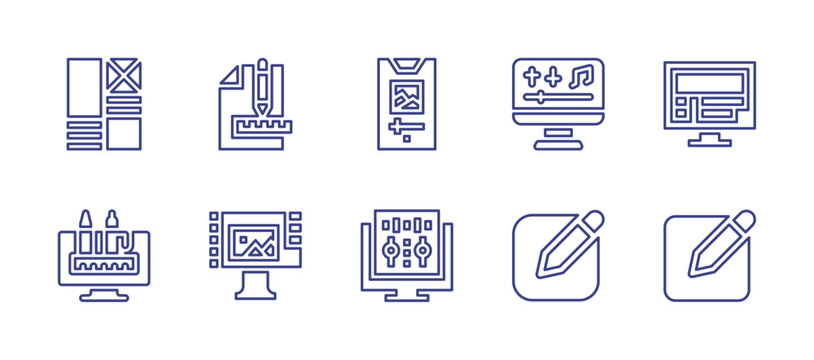 Edit line icon set. Editable stroke. Vector illustration. Containing graphics edition, edit tools, photo editing, sound editing, film editing, edit.