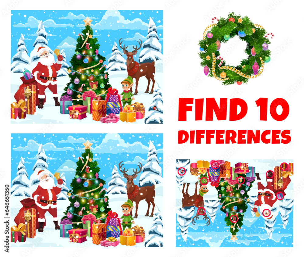 Poster find ten differences quiz. christmas landscape with santa, pine tree, deer, elf and gifts. matching 