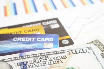 Credit card with password key lock and US dollar banknote money, security finance business concept.