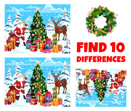Find ten differences quiz. Christmas landscape with Santa, pine tree, deer, elf and gifts. Matching quiz, objects difference search and compare game vector worksheet with Christmas cartoon characters