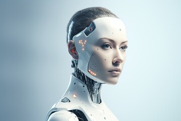 Portrait of a robot in a white futuristic interior,Artificial intelligence concept