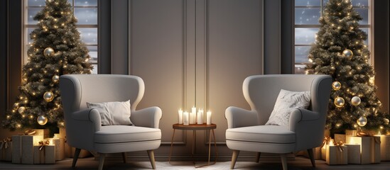 image of a Christmas-themed living room with furniture and a mockup photo frame on the floor.