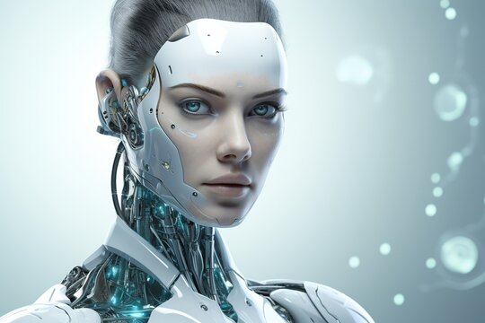 Portrait of a robot in a white futuristic interior,Artificial intelligence concept.Generative Ai