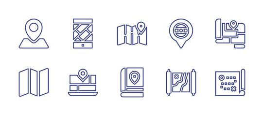 Map line icon set. Editable stroke. Vector illustration. Containing placeholder, maps, map, map marker, map book.