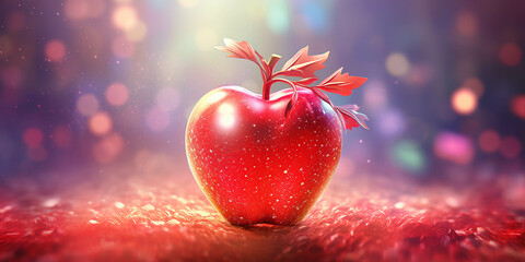 Whimsical apple with glitter and lights on colorful background with bokeh.