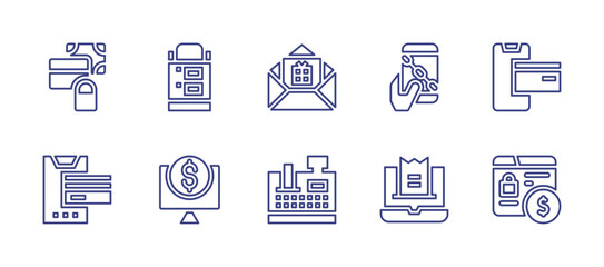 Payment line icon set. Editable stroke. Vector illustration. Containing payment security, payment method, online payment, payment, internet banking, gift, blockchain, cash register, invoice.