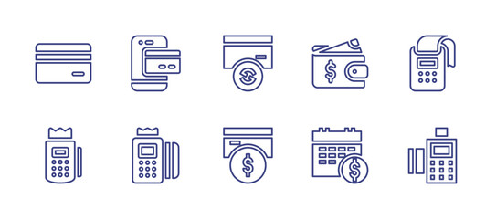 Payment line icon set. Editable stroke. Vector illustration. Containing salary, wallet, payment terminal, card payment, dataphone, renew, credit card, mobile banking.