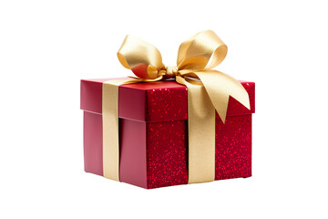 Obraz premium Red Christmas gift box, Dark red and gold gift box isolated PNG