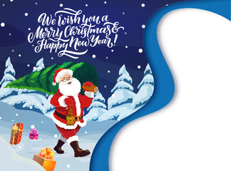 Naklejka premium Christmas paper cut banner with santa and pine tree. Vector template for cover, poster or greeting card with 3d layered effect, blank card with funny Father Noel carry spruce in night snowy forest