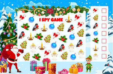 Christmas i spy game worksheet. Cartoon kids vector riddle page with Santa and elf characters. Math puzzle for children count how many candy canes, cookies, bullfinches, baubles, poinsettia or angels