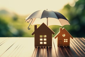 House model with umbrella and shield protect icon on wood table, concepts of contract to buy, get insurance or loan real estate or property, Generative AI