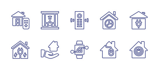 Smart house line icon set. Editable stroke. Vector illustration. Containing smart home, electricity, share, smartwatch, plug, pie chart, power, fireplace, remote control.