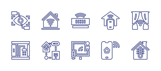 Smart house line icon set. Editable stroke. Vector illustration. Containing home automation, curtain, smartphone, room temperature, eye scan, smart home, shower, alarm clock, television.