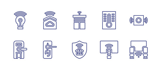 Smart house line icon set. Editable stroke. Vector illustration. Containing smart blind, home security, thermostat, alarm, smart tv, light bulb, smarthome, door handle, lock.