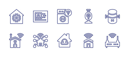 Smart house line icon set. Editable stroke. Vector illustration. Containing cctv, voice assistant, smart home, router, settings, video, smart house, smart washing machine, cloud.