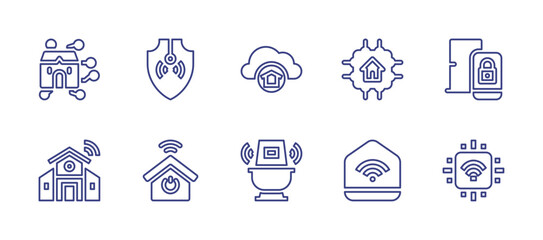 Smart house line icon set. Editable stroke. Vector illustration. Containing smart house, security, cloud, domotics, toilet, cpu, door, network.