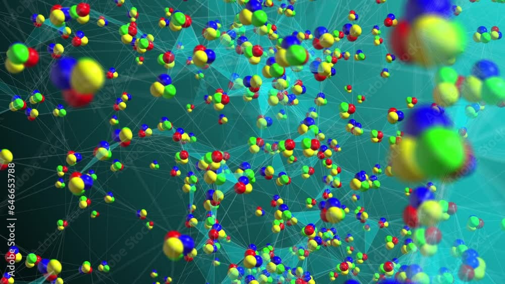 Poster abstract movement of atom molecules, plexus structures, cgi motion graphics, science and technology 