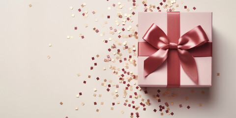 Obraz premium Pale pink Gift box with dark pink satin ribbon and bow on pale gray background. Holiday gift with copy space. many golden confetti . Birthday or Christmas present, flat lay, top view