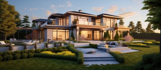 Obraz premium Luxurious newly built home with an impressive garden.