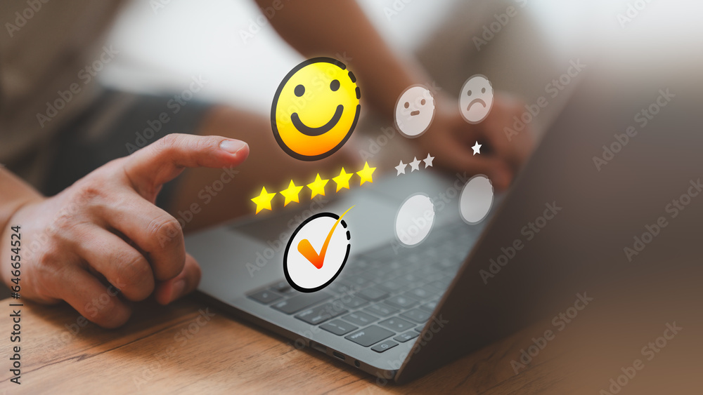Aufkleber customer service and satisfaction concept. client choosing on the happy smile face icon to give sati