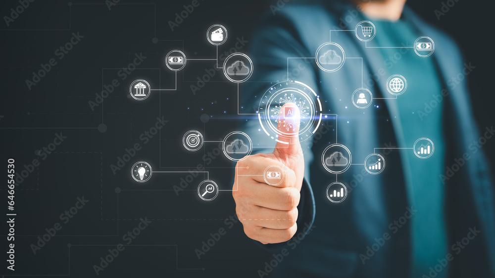 Poster Modern technology concept of business, internet and networking. Digital transformation change management. Man use AI to help work, Ai learning and Artificial Intelligence. Internet of things.
