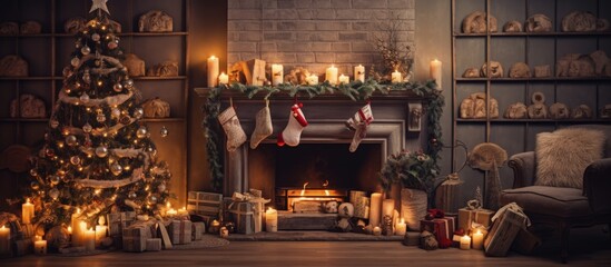 Christmas interior design with a decorated Xmas tree, gifts, toys, deer, candles, lanterns, garland, and a cozy fireplace creates a warm and magical holiday atmosphere for New Year's Eve.