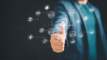 Modern technology concept of business, internet and networking. Digital transformation change management. Man use AI to help work, Ai learning and Artificial Intelligence. Internet of things.