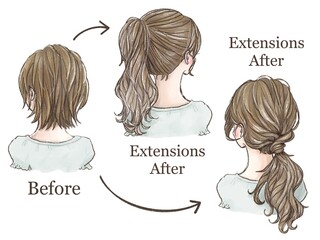 シールエクステをつけて結んだ時(Before･After)ポニーテールイラスト
