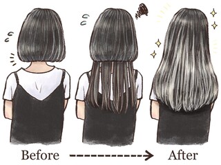 シールエクステbefore・after(重めボブからロングヘアに大変身)バレイヤージュ イラスト