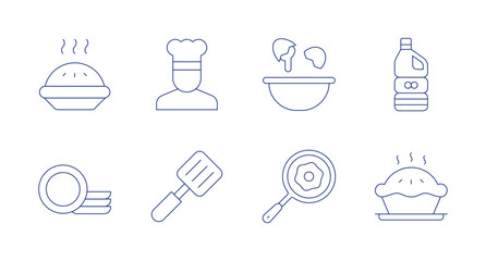 Cooking icons. editable stroke. Containing apple pie, chef, clean dishes, cooker, egg, frying pan, oil, pie.