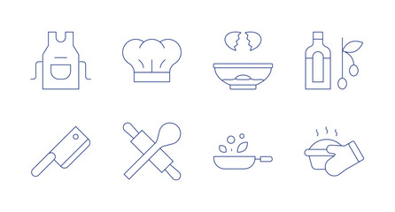 Cooking icons. editable stroke. Containing apron, chefs hat, cleaver, cooking, egg, frying pan, olive oil, pie.