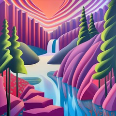 Obraz premium illustration of a landscape with the waterfall, river and the forest, the pink mountain background, pastel abstract style, background AI generated