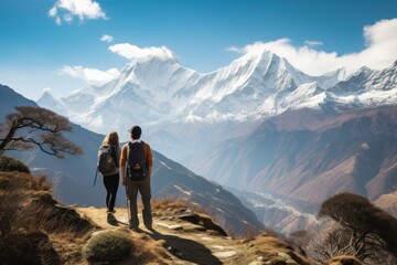 Trekking Nepals mountains. Backpackers on trail, majestic Himalaya. Concept of adventure and outdoor journey.