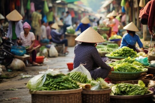 Exploring Bustling Vietnamese Market. Vietnam street market. Fresh produce, colorful stalls, traditional hats. Travel and cultural experience.