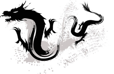 Grunge Paint Dragon Vector brush Stroke, Chinese's Dragon Year of the Ink Painting, Dragon Drawing brush strokes, Ancient mythological black dragon, silhouette-tattoo on white