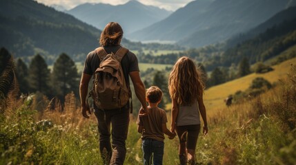 Young family hiking with backpacks in a beautiful mountain landscape. - obrazy, fototapety, plakaty