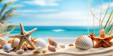 Fototapeta na wymiar Sea sand beach with seashells starfish suncare mockup templat.
