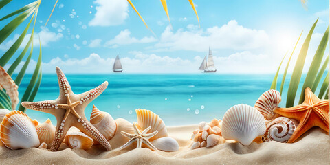 Fototapeta na wymiar Sea sand beach with seashells starfish suncare mockup templat.