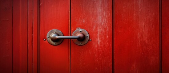 A red door made of wood and a circular lock with a handle