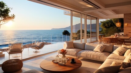 lounge chairs on the beach at sunset