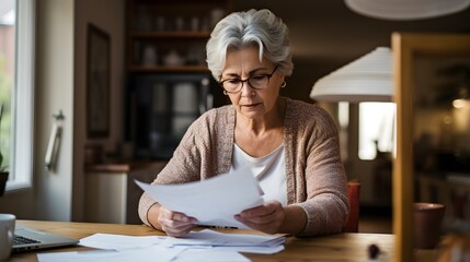 A old woman is looking at a bloated credit card bill - obrazy, fototapety, plakaty