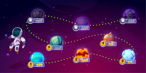 Astronaut adventure arcade game map. Vector cartoon illustration of space background with stars, travel route between fantasy alien planets, score stars and lock icons, app user interface design