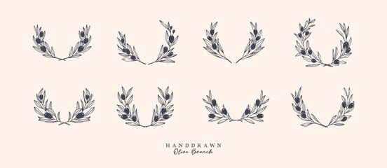 Olive Branch for olive oil logo or olive icon, hand drawn olive branch botanical herbs elements in vector format, floral olive frame and floral wreath 