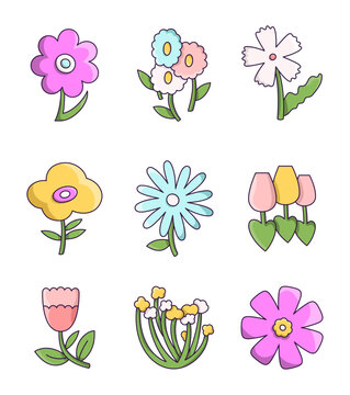 Decorative cute flowers. Simple forms. Vector drawing. Collection of design elements.