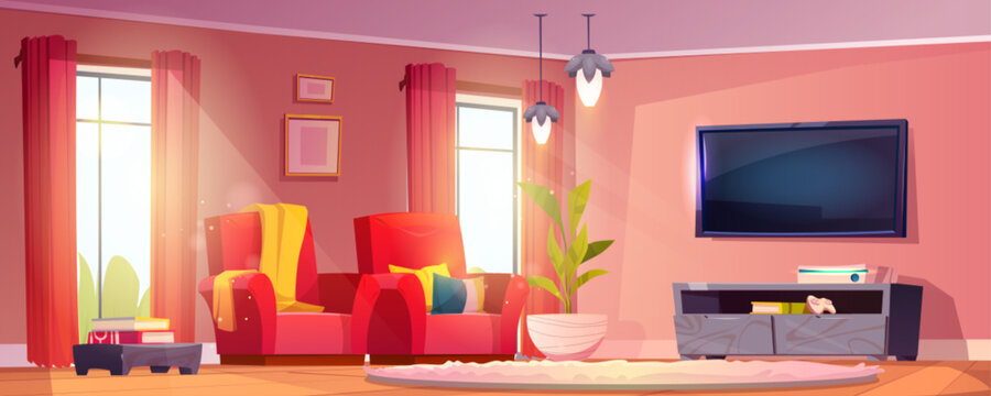Morning living room with TV in modern house. Vector cartoon illustration of home interior, red armchairs and fluffy carpet on floor, curtains on windows, books and joystick on table, pictures on wall