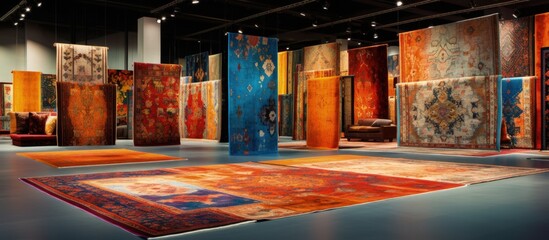 Colorful carpets on display in a shop.