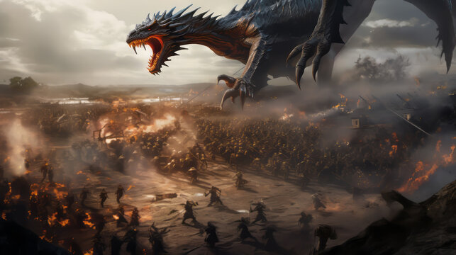 Illustration of a huge dragon fight against people.