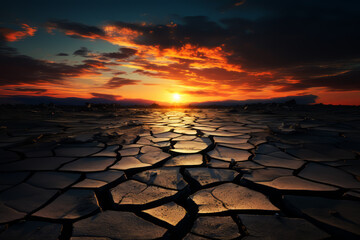 Dry asphalt. Panorama of dried and cracked road against sunset background
