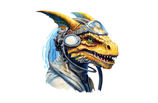 Illustration of a dragon head in a futuristic pilot helmet. Fantastic character dragon warrior on a white background.